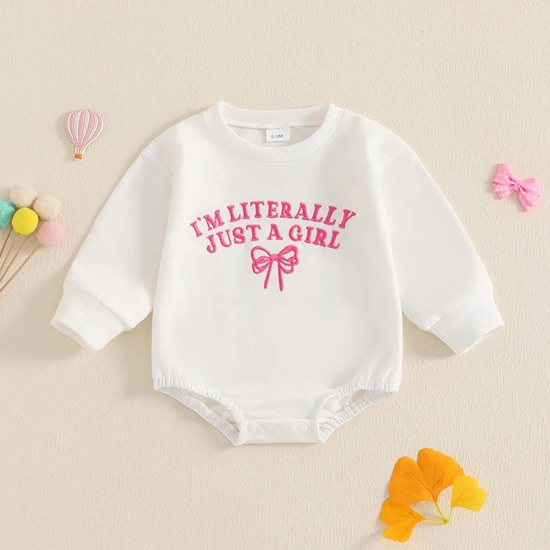 0-18 Months Baby Girls Sweatshirts Rompers Letter Bowknot Embroidered Round Neck Long Sleeve Fall Bodysuits Jumpsuits