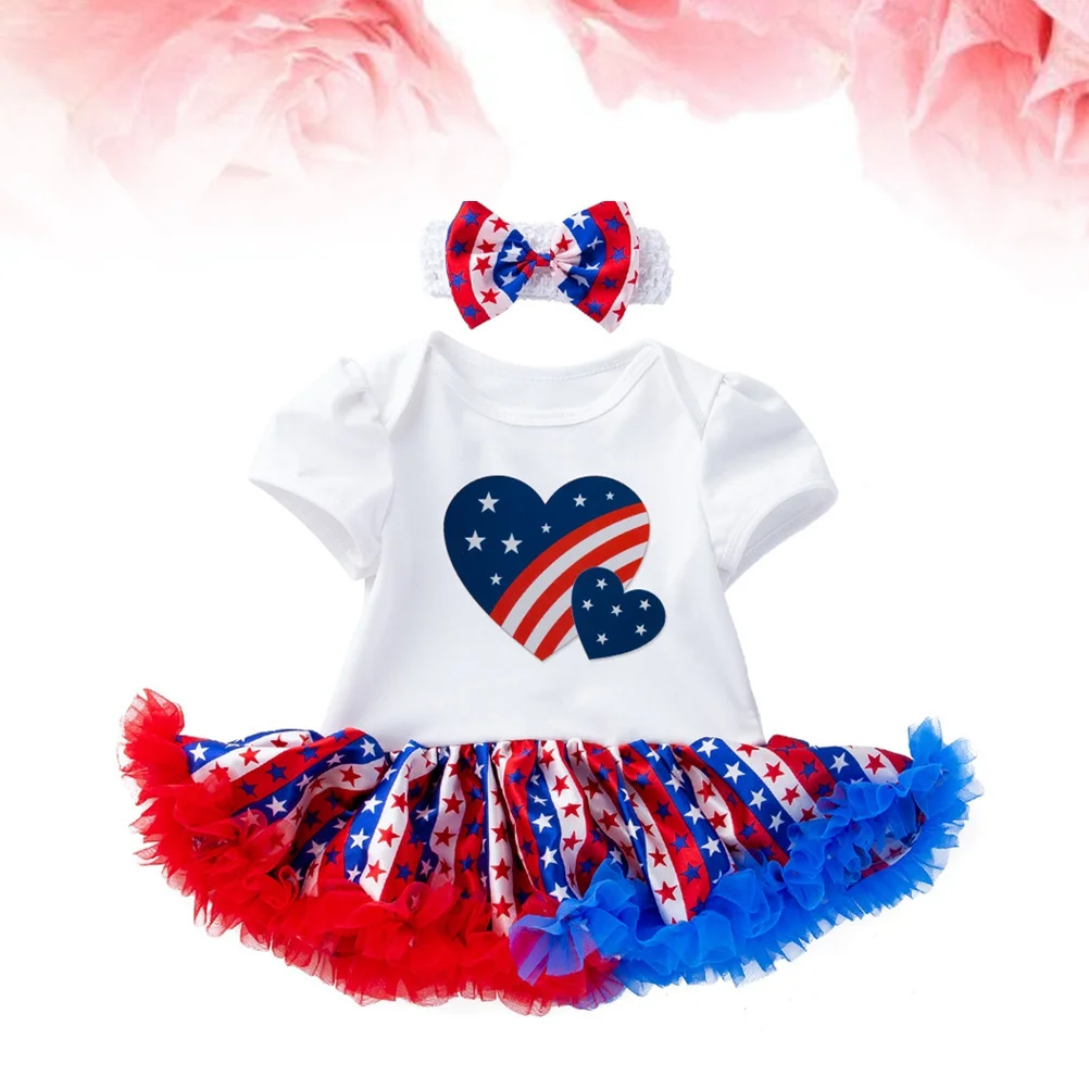 

Baby Girl Short Sleeve Cotton Romper Dress Headband Set July Fourth Tutu Summer Outfit for Toddler Girls Memorial Day