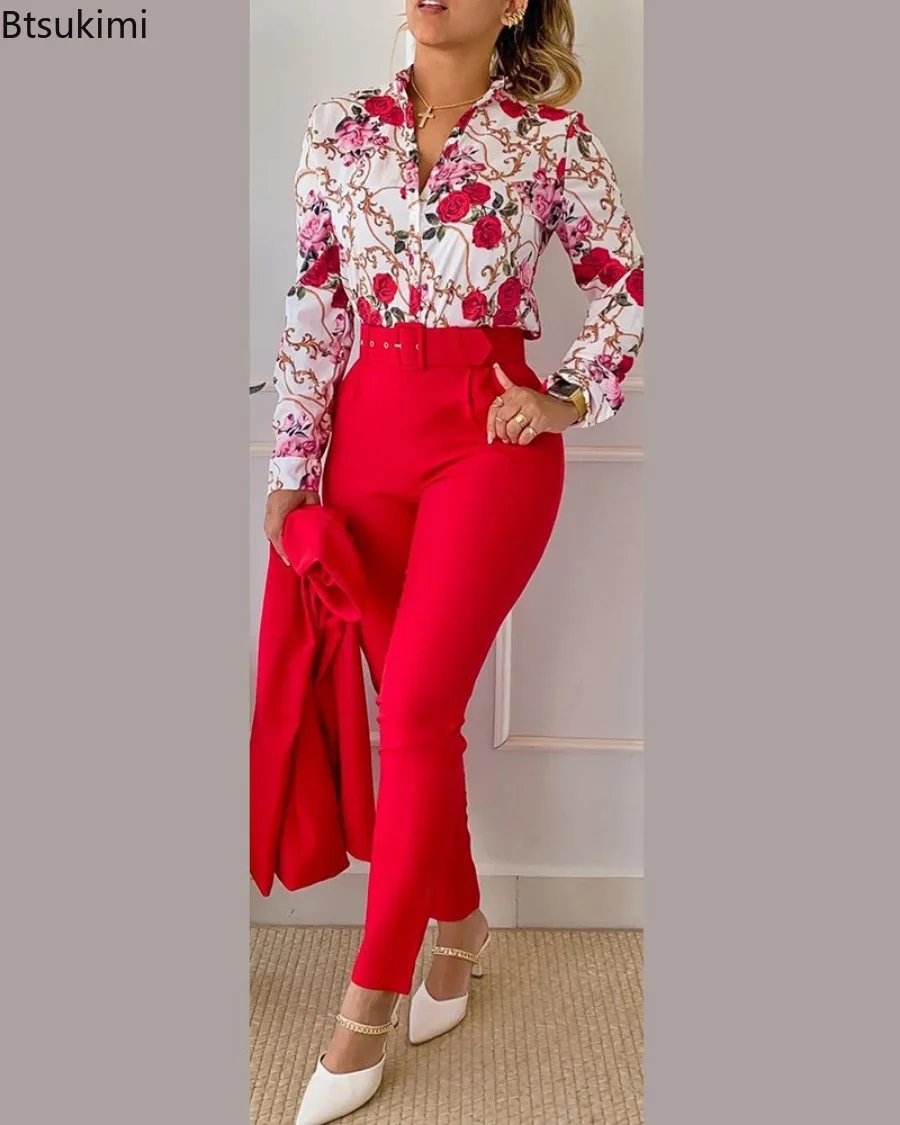 2024 Women\'s Elegant Two Piece Pants Sets Printed Long Sleeve Shirts and Pants with Belt Fashion Women 2pcs Suits Office Sets