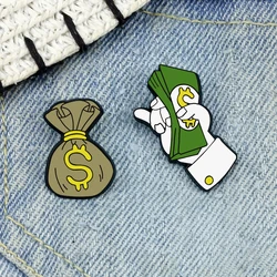 The Slave of Money! Creative Dollar Banknote Brooch Badges Cartoon Money Pouch Jacket Lapel Pin Women Men Fashion Enamel Jewelry