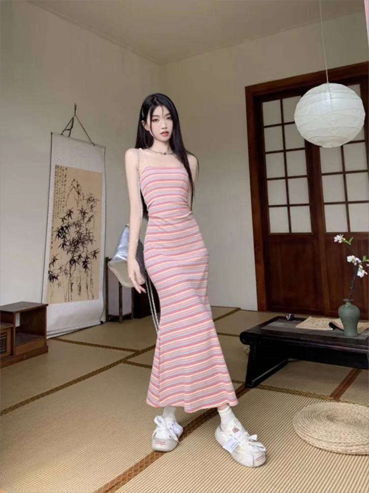 

Striped colors Dress Female Vintage Lazy Outside Wear Fashion Long Skirt Sleeveless Dresses for Women