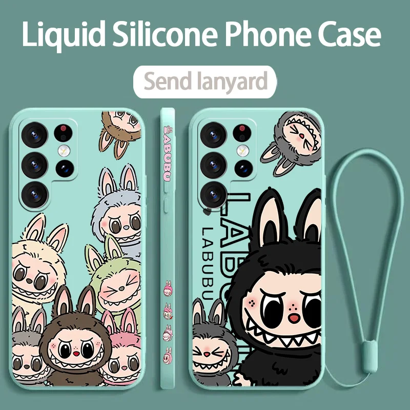 New Kawaii Cute Labubu Phone Case For Samsung S10 S20 S21 S22 S23 S24 Plus Lite Ultra FE Liquid Left Rope Funda Soft Silicone