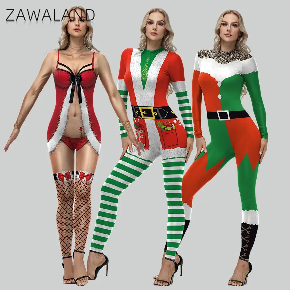 Zawaland Christmas Jumpsuit Sexy Stripe Print Cosplay Costume Outfit Festival Bodysuit Christmas Party Zentai Suit Xmas Gifts