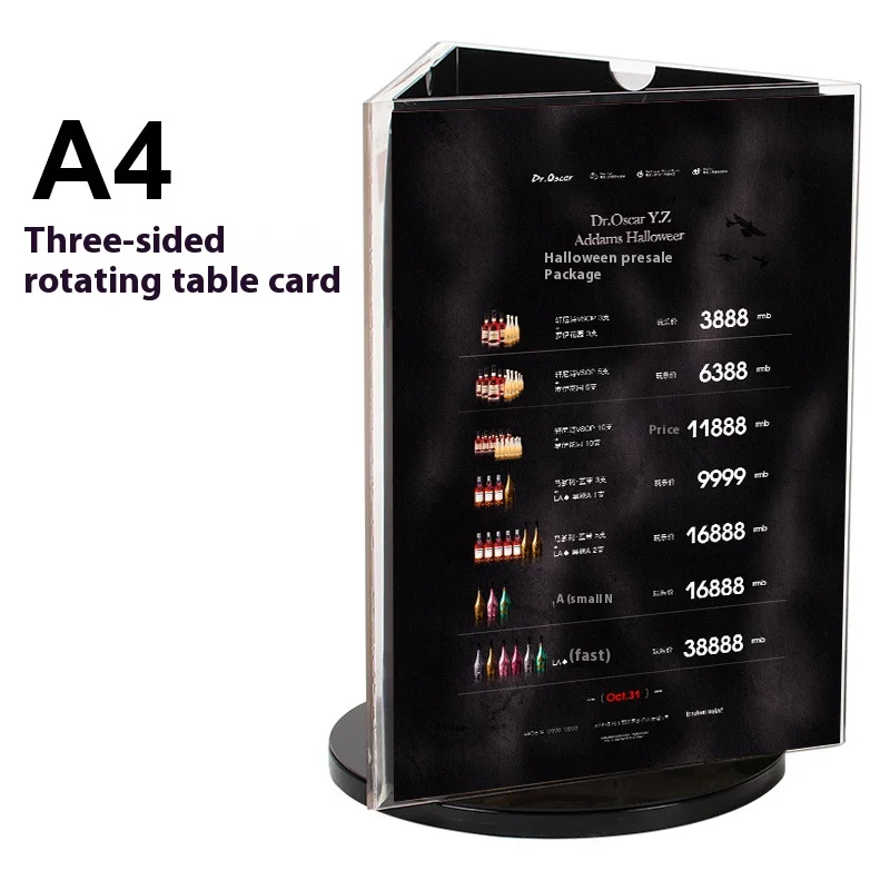 Acrylic Three Sides Rotating Decca Transparent Menu Triangle Table Sign Wine Plate Table Price Plate A4 Display Standing Plate