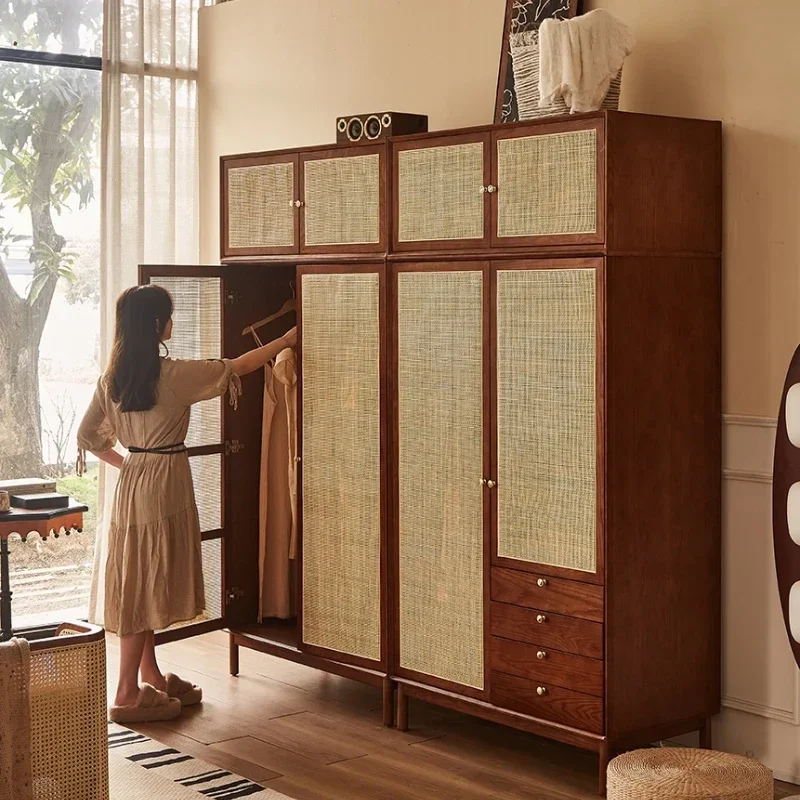 Retro solid wood wardrobe homestay bedroom rattan cabinet locker ash wood door large wardrobe top cabinet