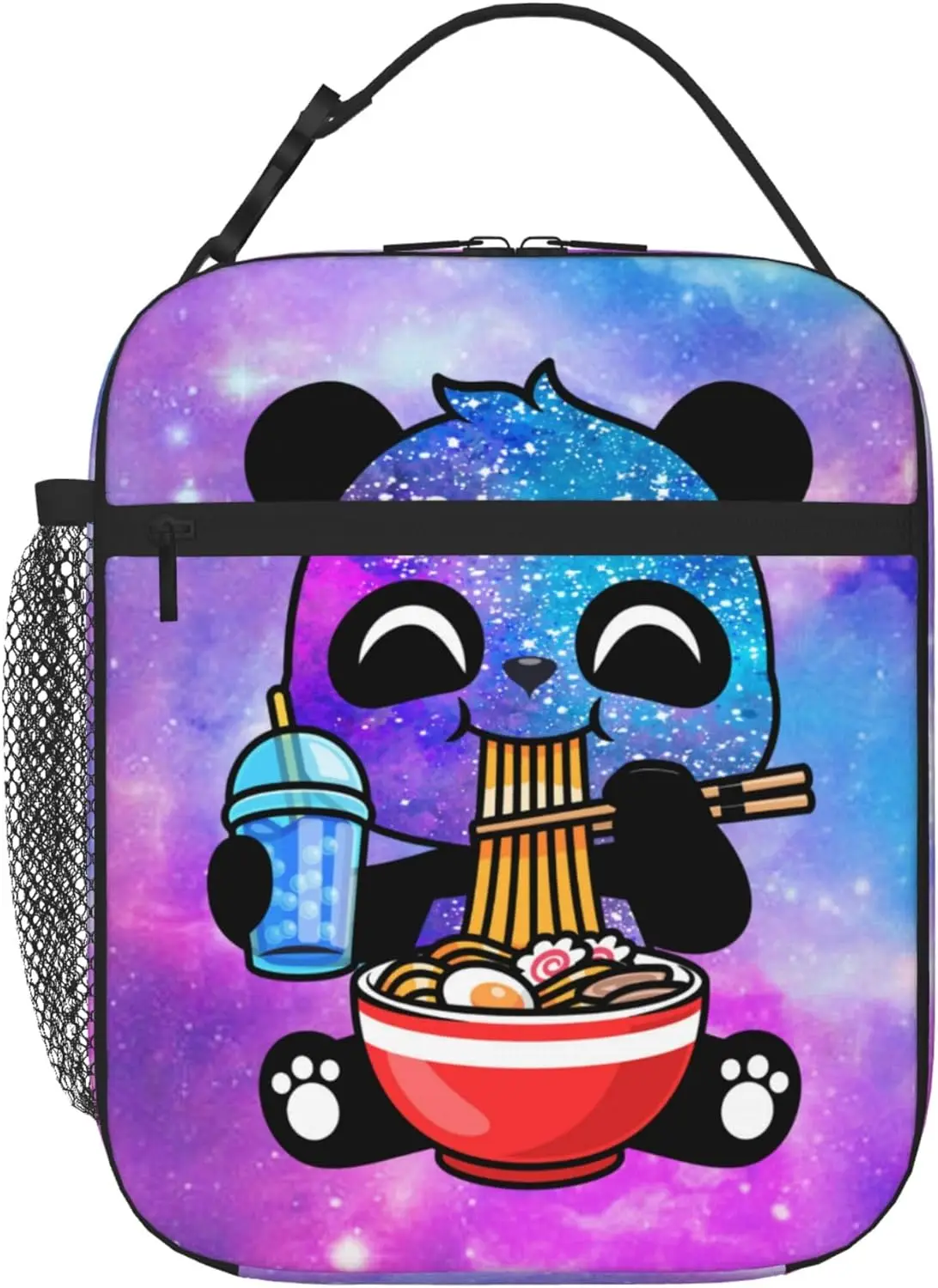 Fiambrera Galaxy Pandas para niñas, bolsa de almuerzo con aislamiento Kawaii para niños con diseño de té Boba y fideos, bonita fiambrera Pandas