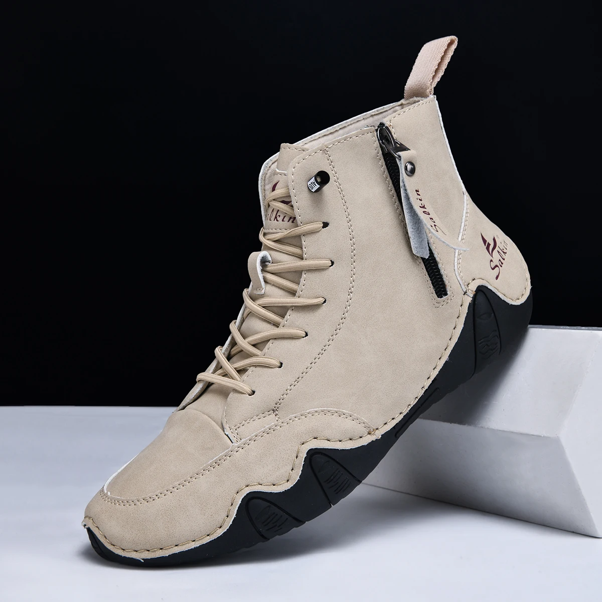 Дизайнерские мужские ботинки ручной работы Ботильоны на молнии Однотонные уличные прогулочные кроссовки Нескользящие ботинки из мягкой кожи Мужская повседневная обувь для мужчин