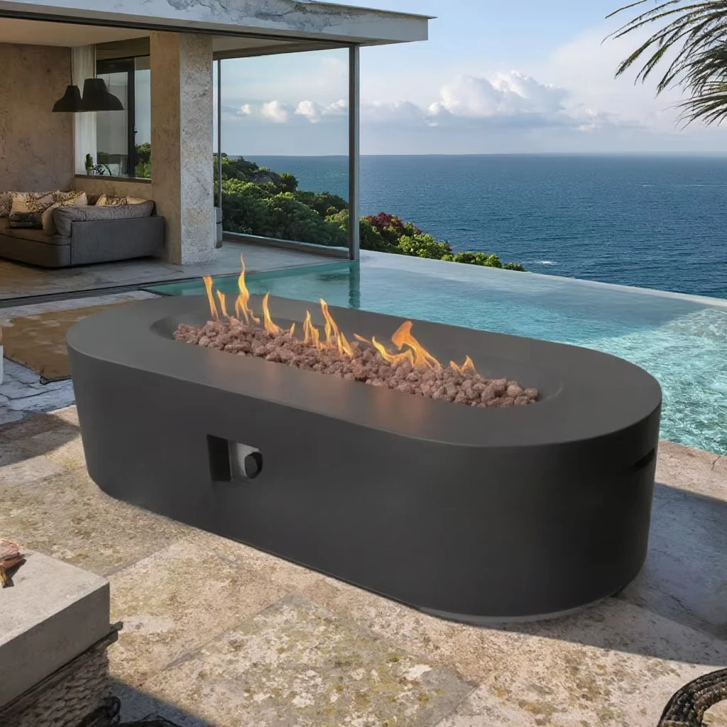 Oval Table Gas  Fire Pit Concrete Fireplace Patio Outdoor Propane Fire Pit Table