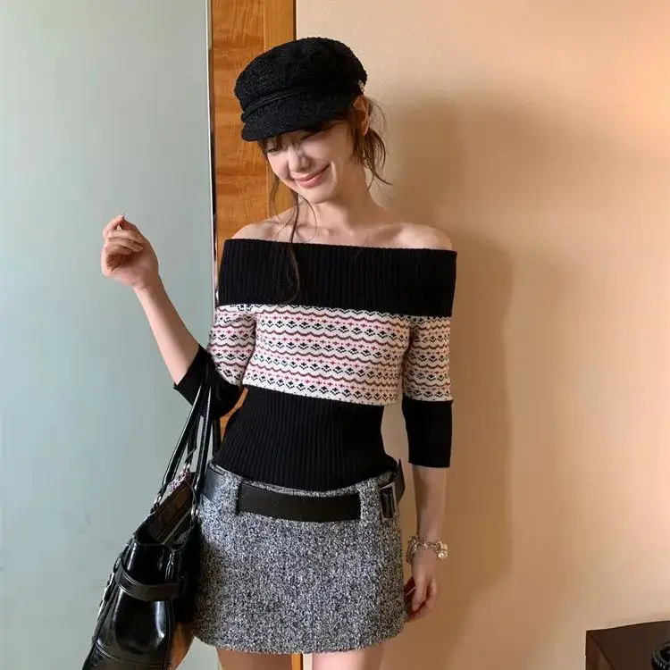 Mid-Sleeve Knitted Sweater One-Piece Neckline Fall Winter Fair Isle Jacquard Hottie Sexy Versatile Off-Shoulder Niche Top Women