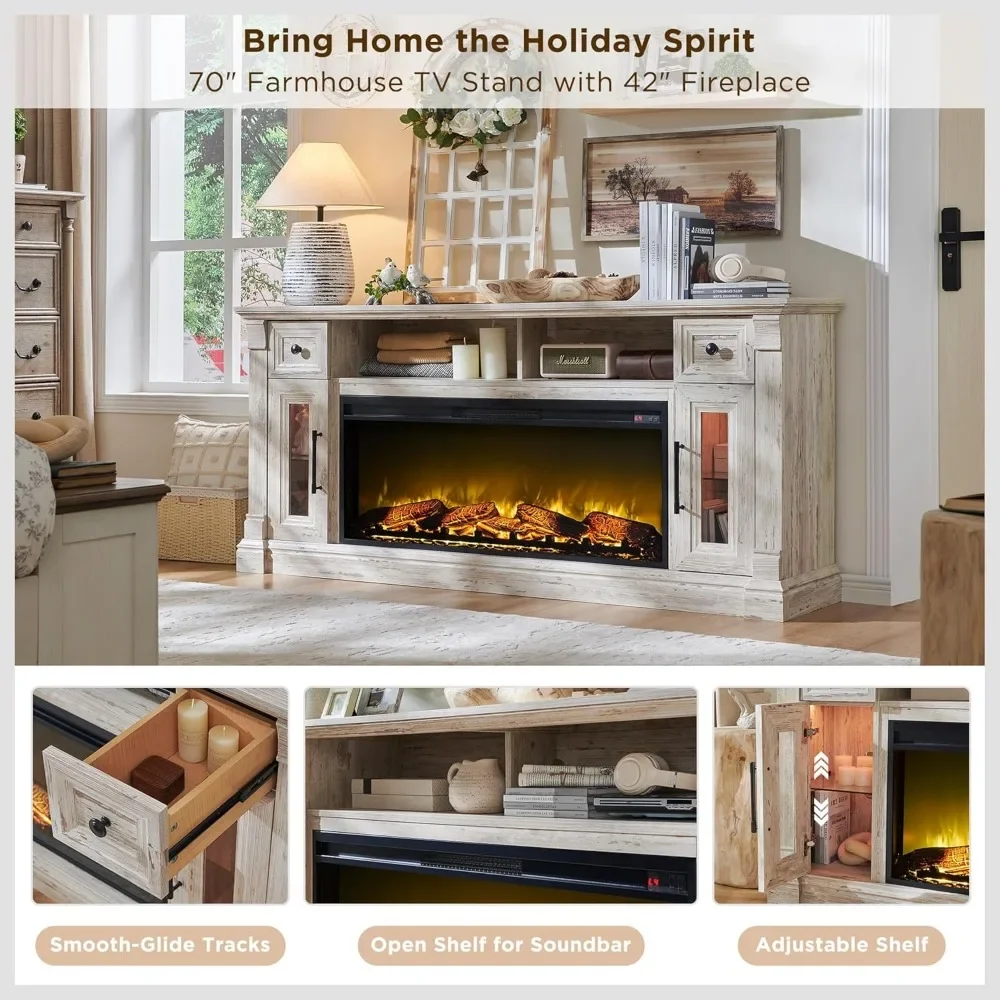 Fireplace TV Stand for 80 Inch TV - Farmhouse Center with 42" Electric Fireplace & LED Lights, Wood Media Console