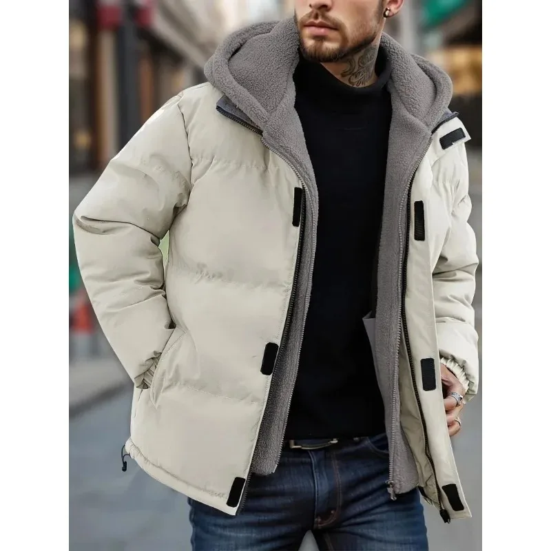 

2025 Winter Windproof Men's Jacket Casual Fake Two Hooded Bread Coat Detachable Hood Zipper Front Long Sleeves Pockets Overcoat