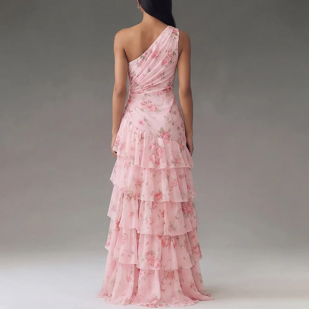 Vestido Elegante Personalizado de Un Hombro, Largo hasta el Suelo, Sin Mangas, con Pliegues y Abertura Alta, Flores Rosas, Vestidos Elegantes para Mujer para una Boda