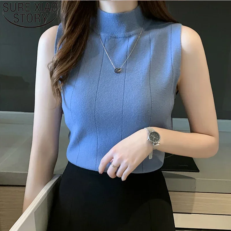 Korean Fashion Ladies Tops Spring New Summer Women Tops Casual Clothes Sleeveless Solid Women Blouse Knit Elastic Blusas 8623 50