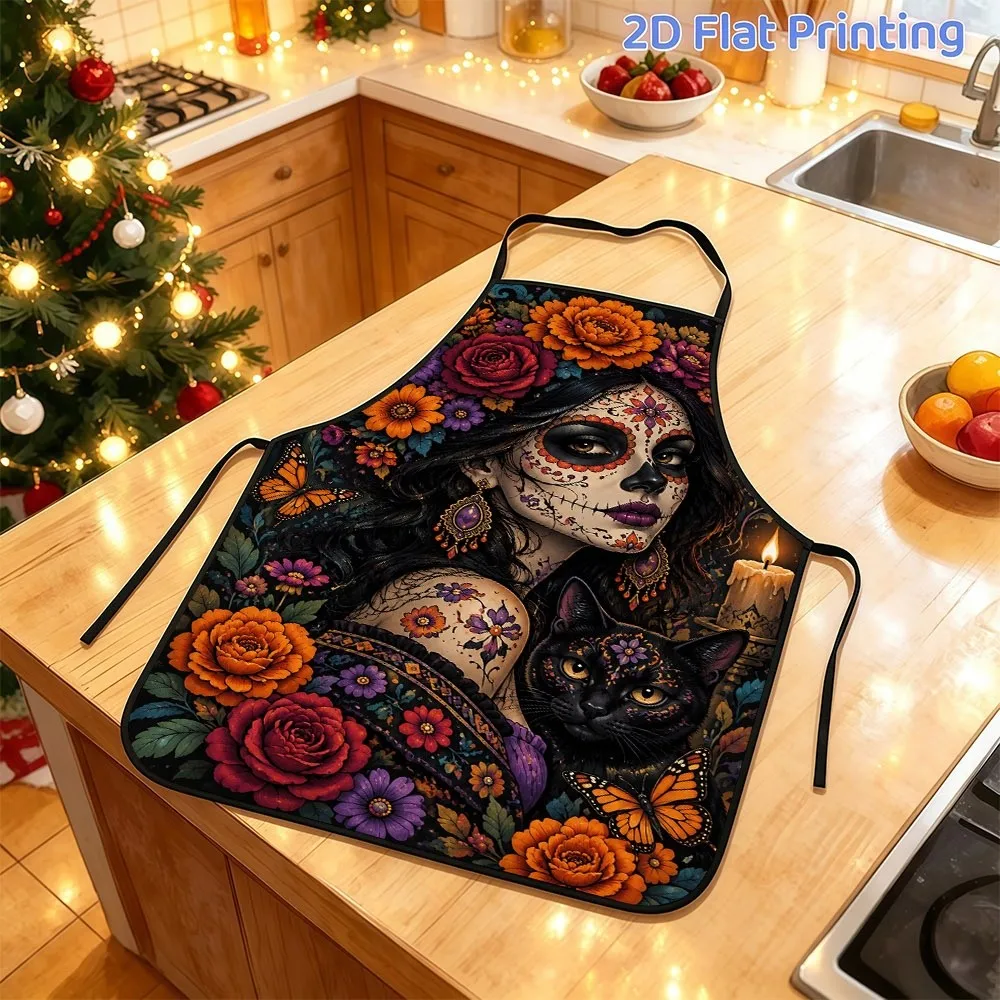 1pc Day of the Dead 2D Printed Apron Featuring a Sugar Skull Makeup Woman with Black Cat and Colorful Floral Print