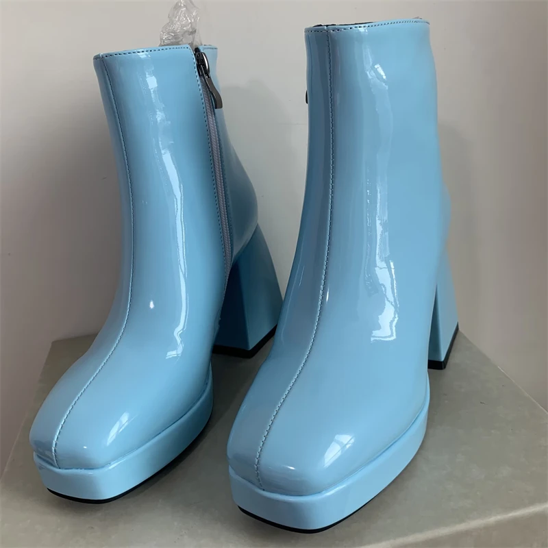 Patent Women\'s Ankle Boots Red White Black Block Heels Short Boot Female Zipper Autumn Winter Party Shoes Ladies Large Size 45