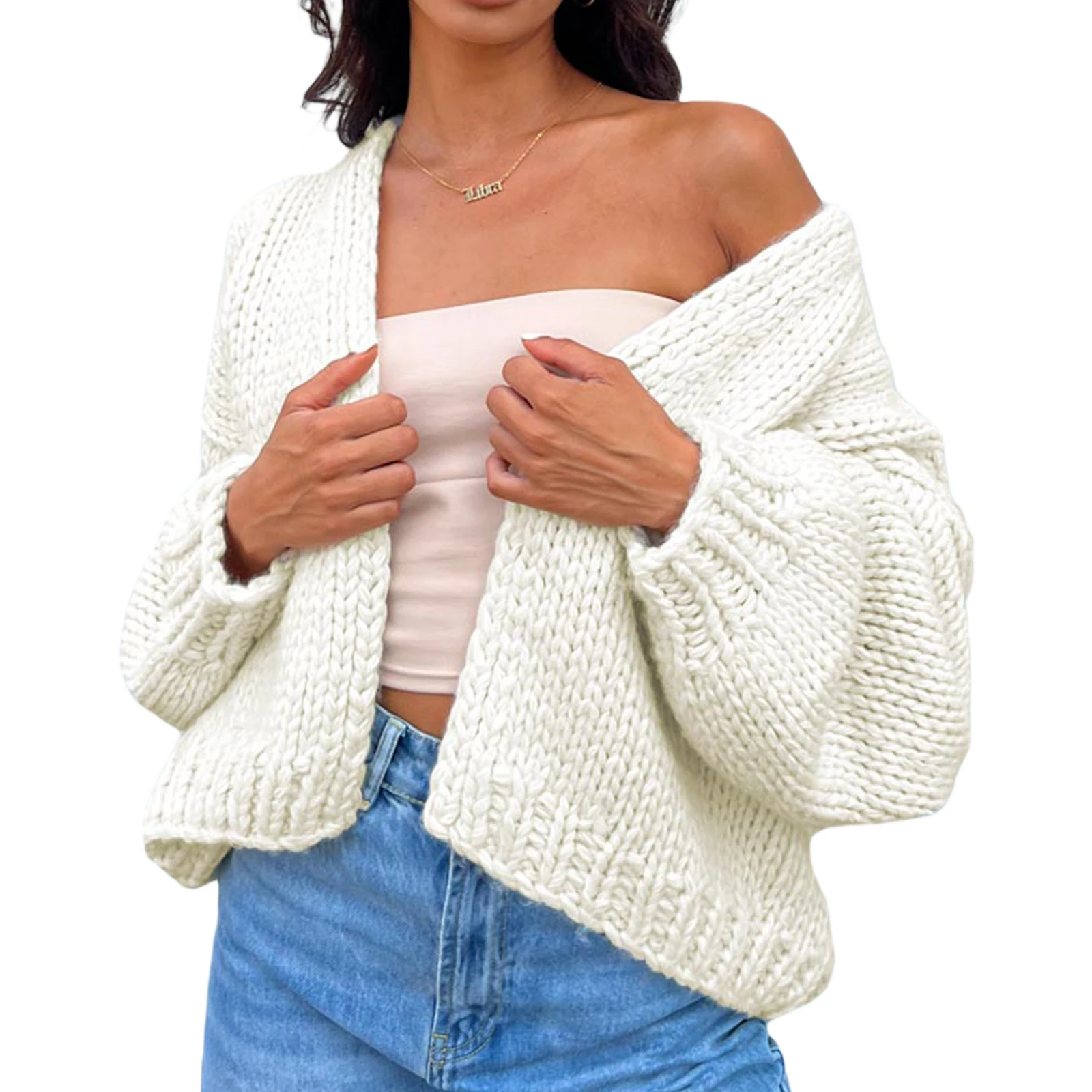 Women Crochet Chunky Sweater Y2k Open Front Long Sleeve Cable Knitted Cardigan Cute Oversized Jumper Vintage Aesthetic Knitwear