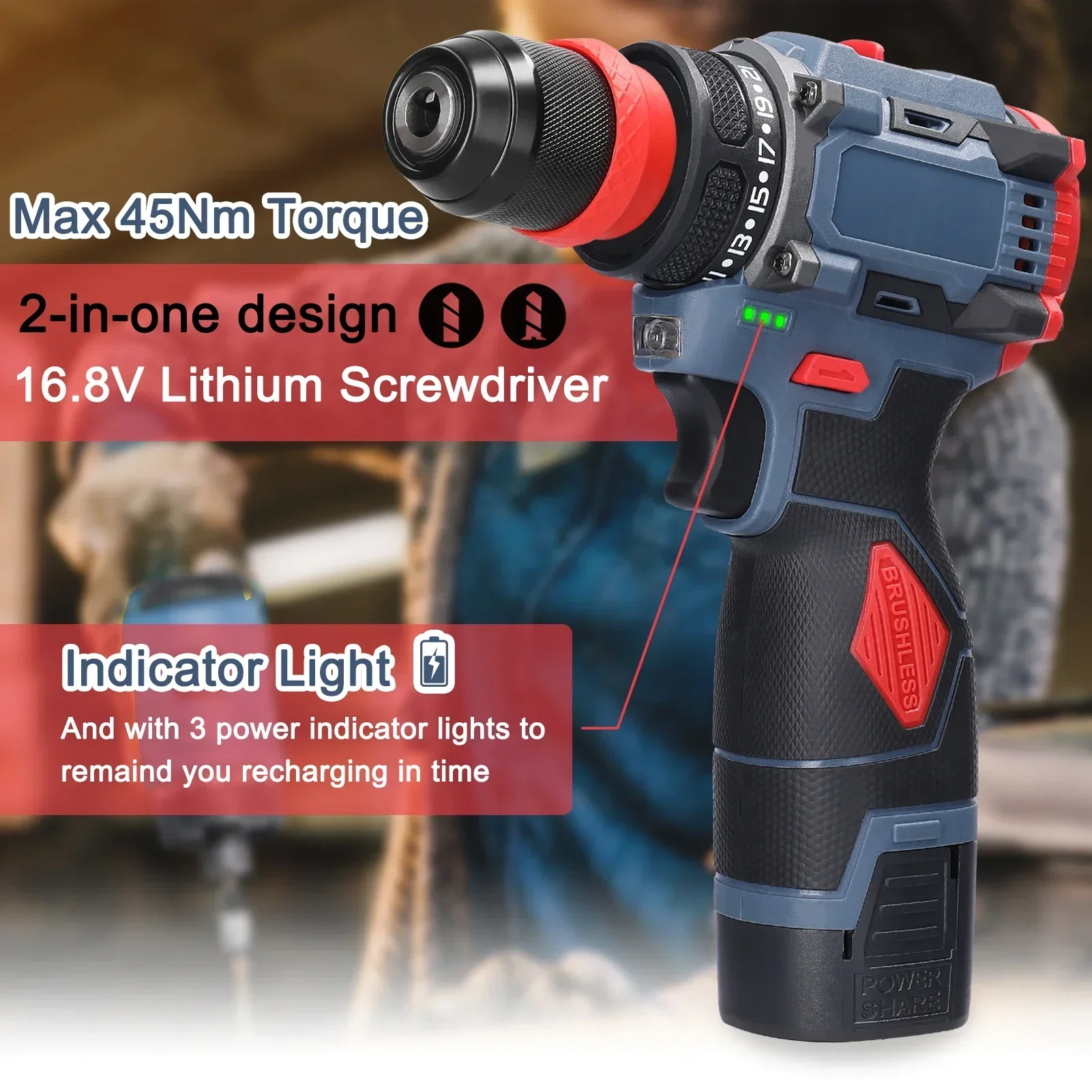 16.8V/21V Brushless 2in1 Cordless Driver Drill Electric Screwdriver Battery Screwdrivers Rotation Ways Drills Screwdriver Tools