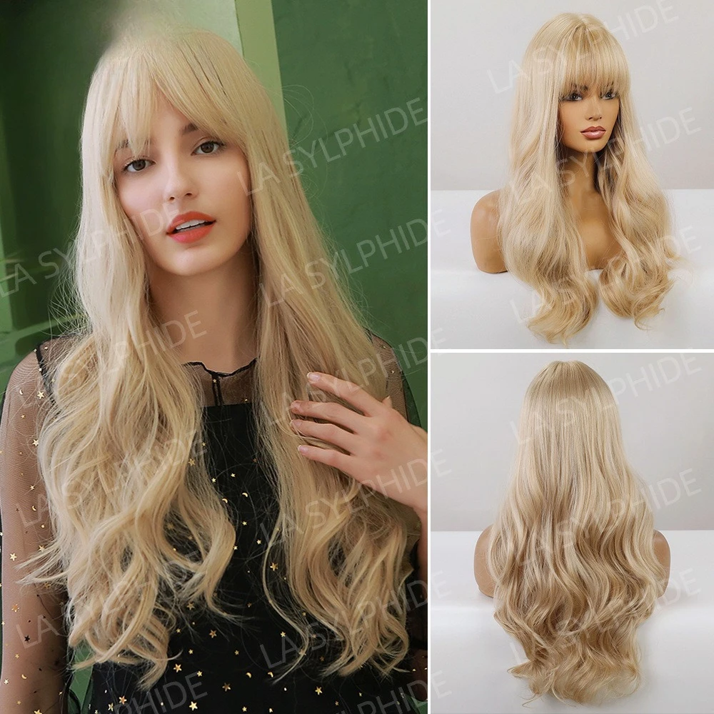

Blonde Long Curly Hair Bangs Wig Women's Hair Handless Knitting Mechanism Full Headgear High Temperature Silk European and Ameri