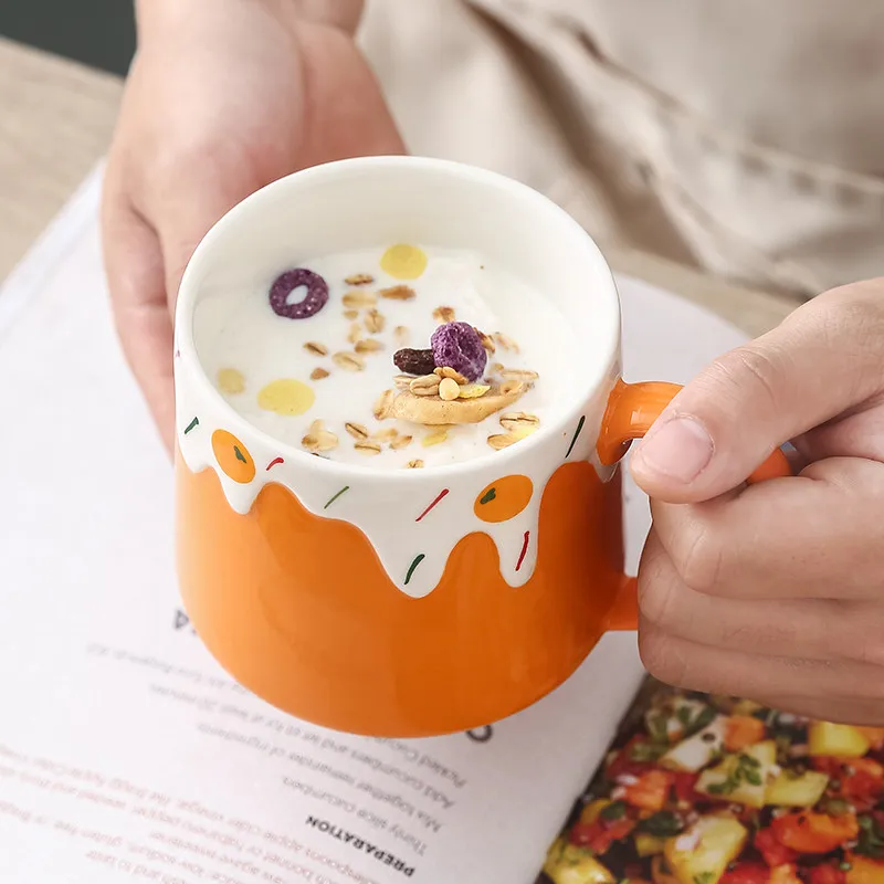Cartoon Fruit Splicing Ceramic Cup 420ml High Aesthetic Underglaze Color Breakfast Mugs Handle Cute Hand-drawing Milk Mugs
