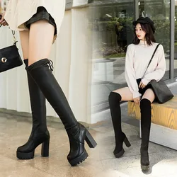 Female 2023 Autumn/Winter New High Heel Small Waterproof Platform Elastic Knee Length Boots