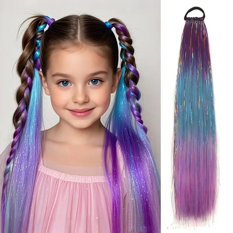 Purple Red Pink Tinsel Ponytail Extension with Elastic Hair Tie Synthetic Braiding Hair For Kids Girls Crazy Hair Day Brave Hair - Image 7