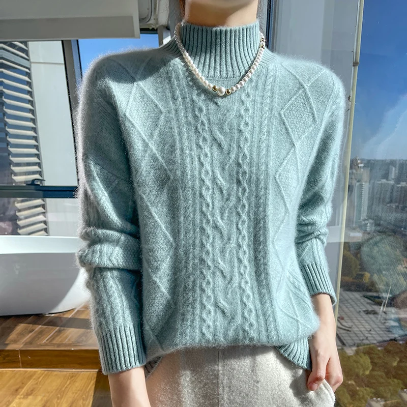 Turtleneck 100% Wool Sweater Women Fashion Solid Plaid Autumn Winter New Casual Loose Tops Knitted Long Sleeve Female Pullover