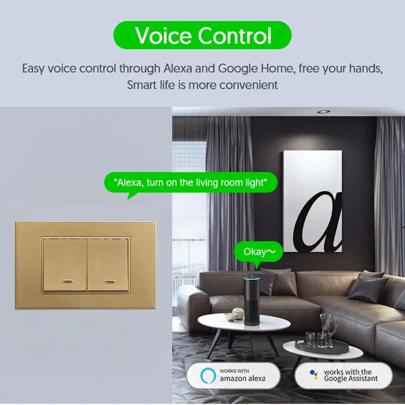 Tuya Smart Wifi Switch Gold ذكي الجدار زر مفاتيح الإضاءة AC100-240V دعم التحكم الصوتي بواسطة Alexa Home Assistant #2