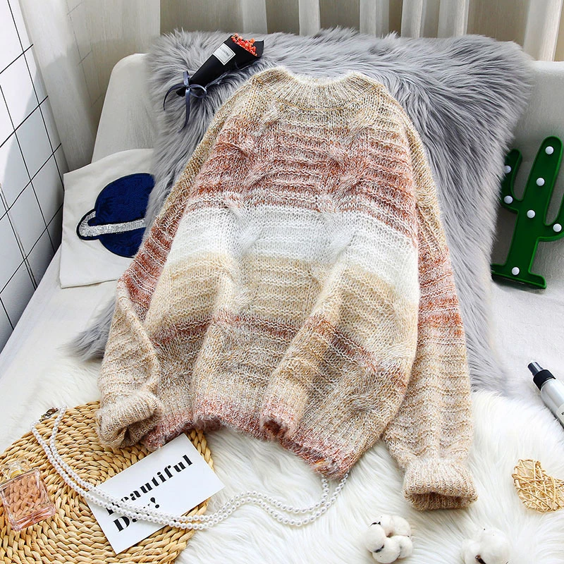 

Mohair Striped Colorful Knitted Women Sweaters and Pullovers 2021 Winter New Loose Casual All Match Female Pulls Outwear Tops