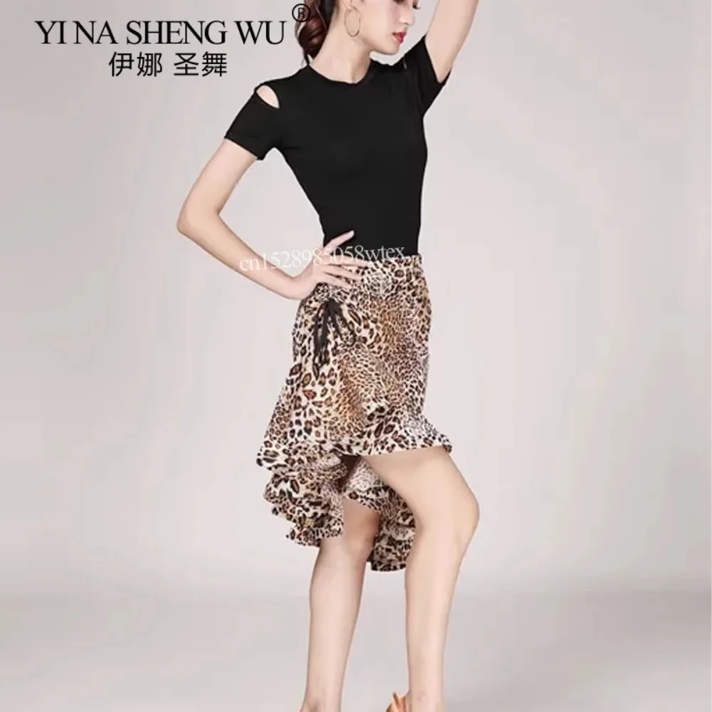 Leopard Print Latin Dance Dress For Women Sexy Tango Salsa Practice Costume Asymmetrical Pleated Fishbone Stage Performance Danc
