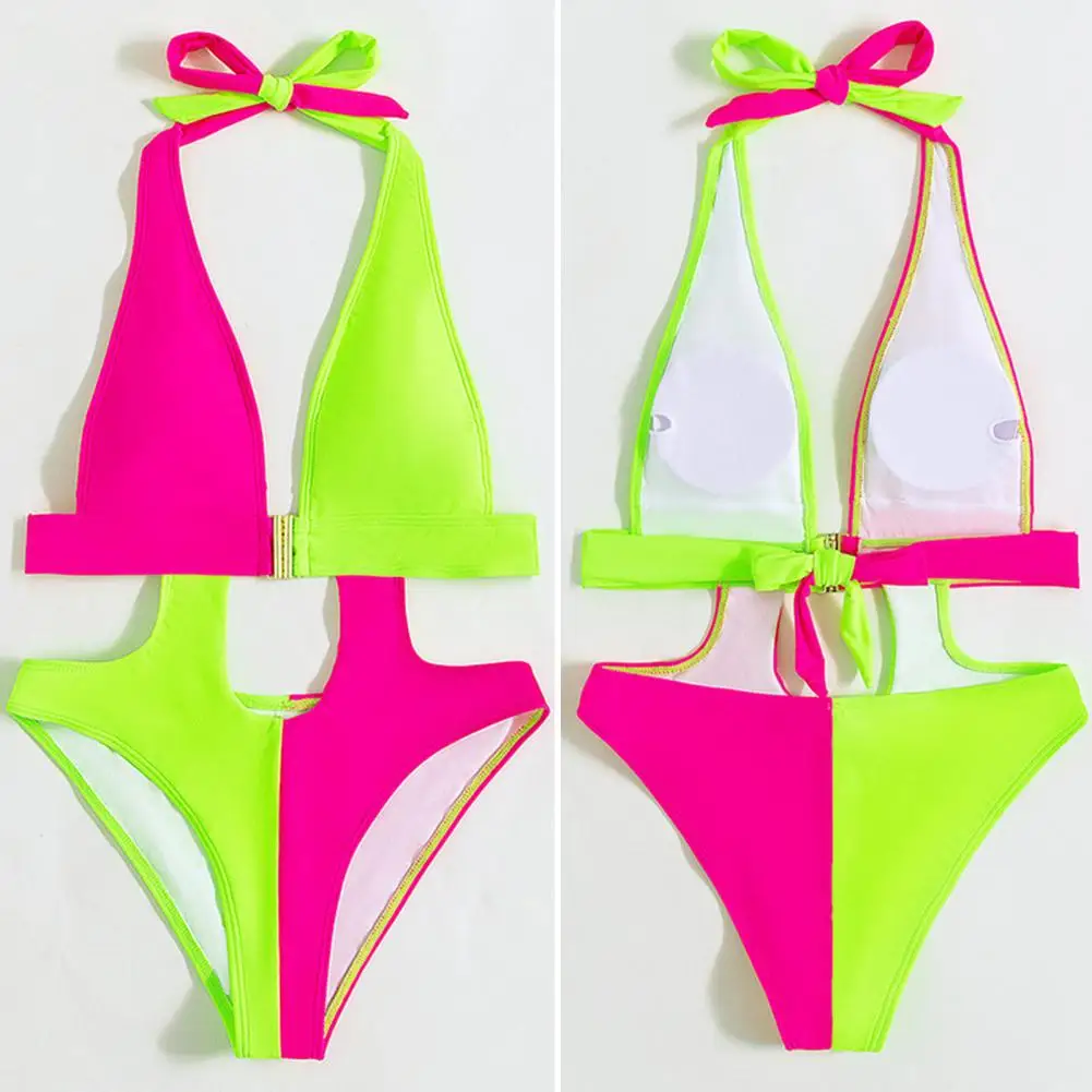 Women Monokini Contrast Colors Padded Halter Neck Patchwork Wireless Swimming Suit Bathers trajes de baño mujer 2022