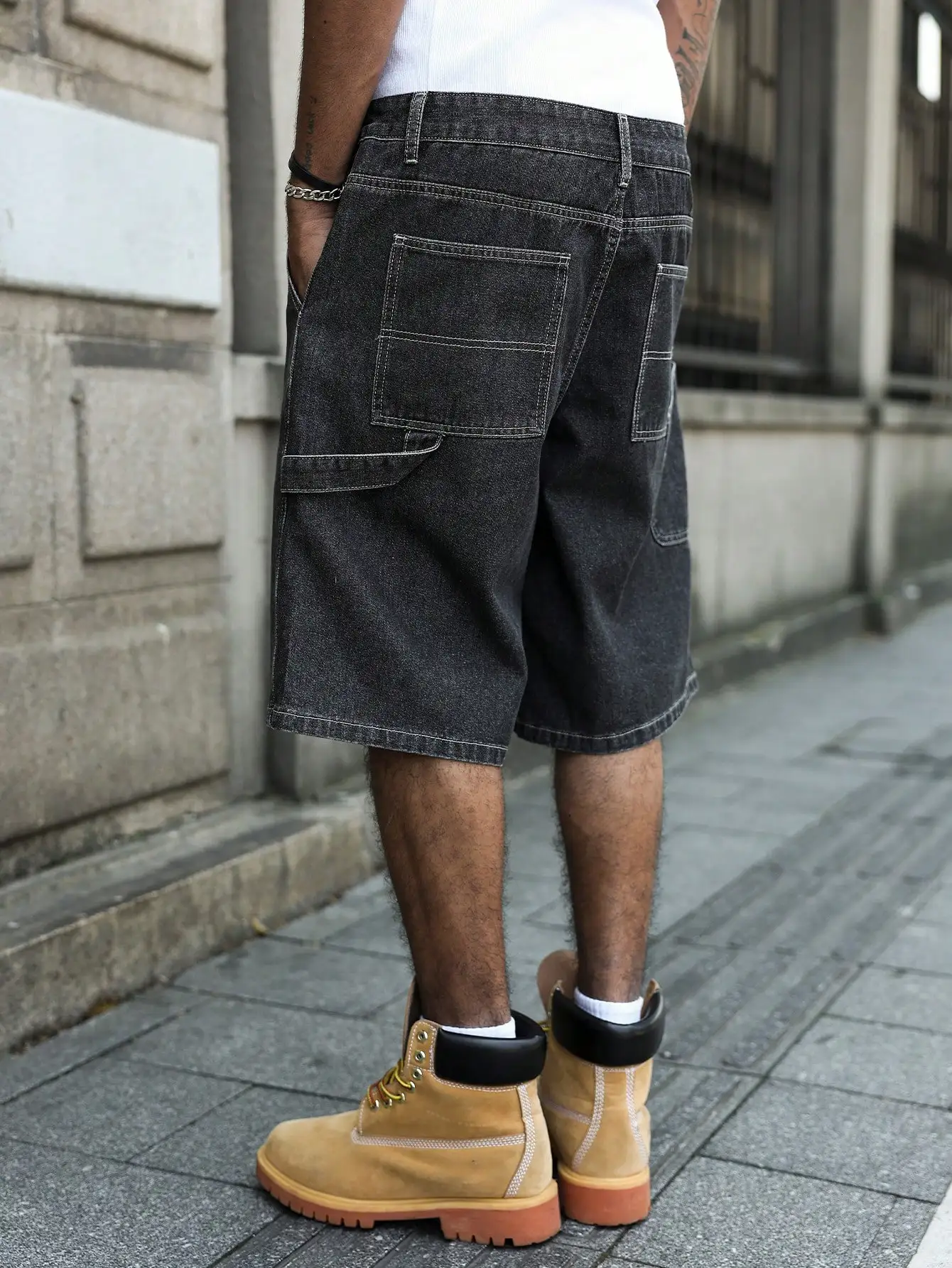Pantaloncini di jeans lavati estivi alla moda da uomo, leggermente elasticizzati, tinta unita, vestibilità ampia, pantaloncini casual da strada neri stile