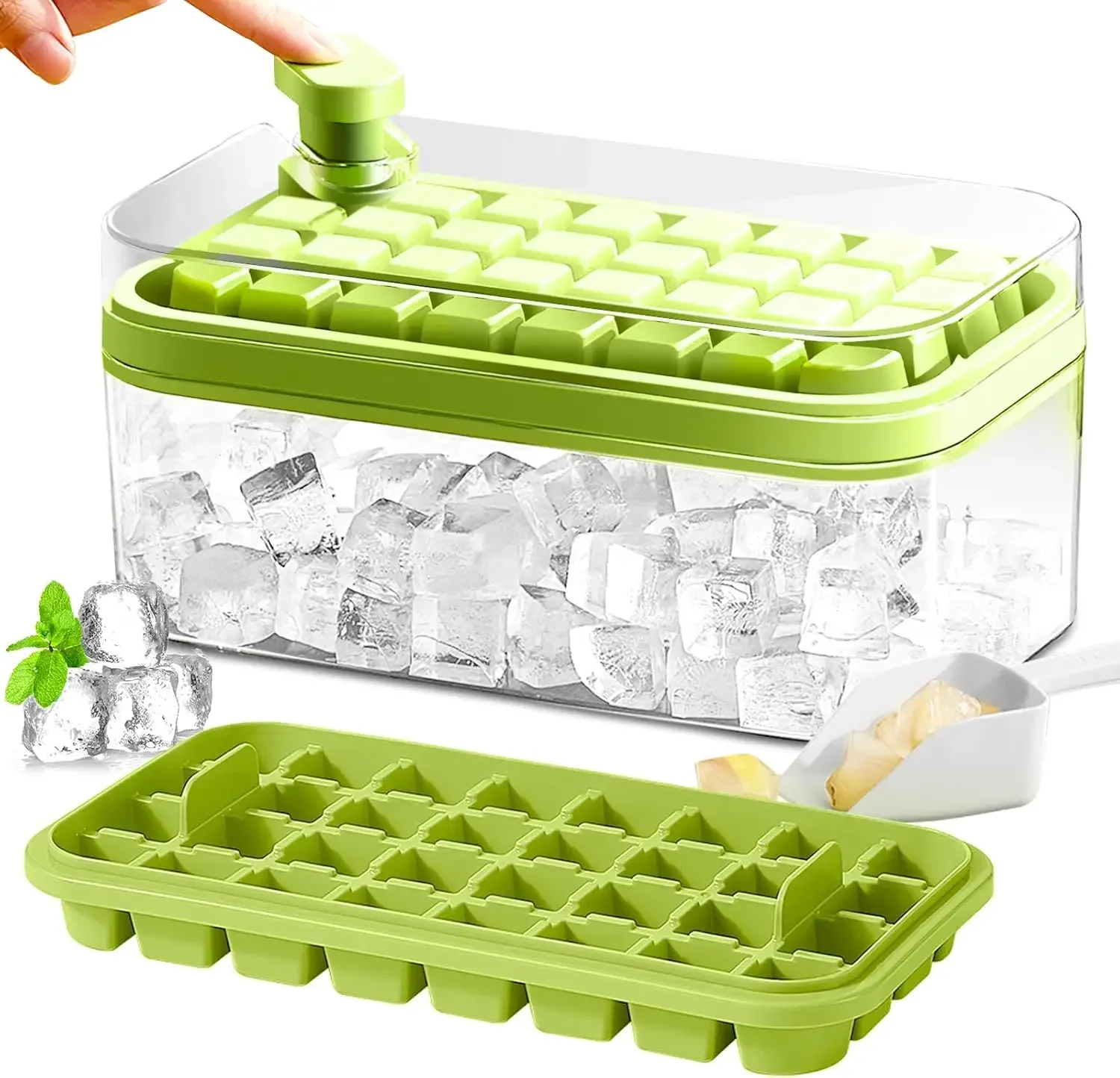 Ice Cube Tray with Lid and Bin, 2 Pack Ice Cube Trays for Freezer, 64 Pcs Ice Cube Mold, Press Button Easy Release Ice Tray, Sma