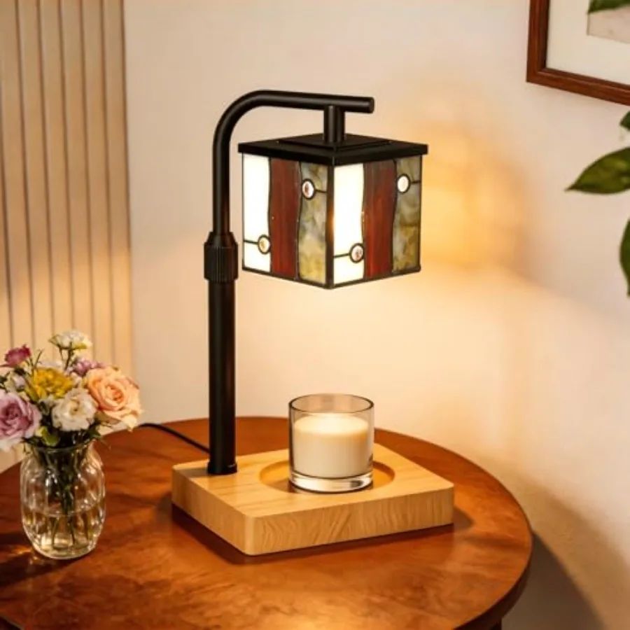 

Electric Wax Warmer Lamp with Timer and Dimmer - Red Aston Tiffany Style Candle Lamp with Natural Wood Base, Height Adjustable