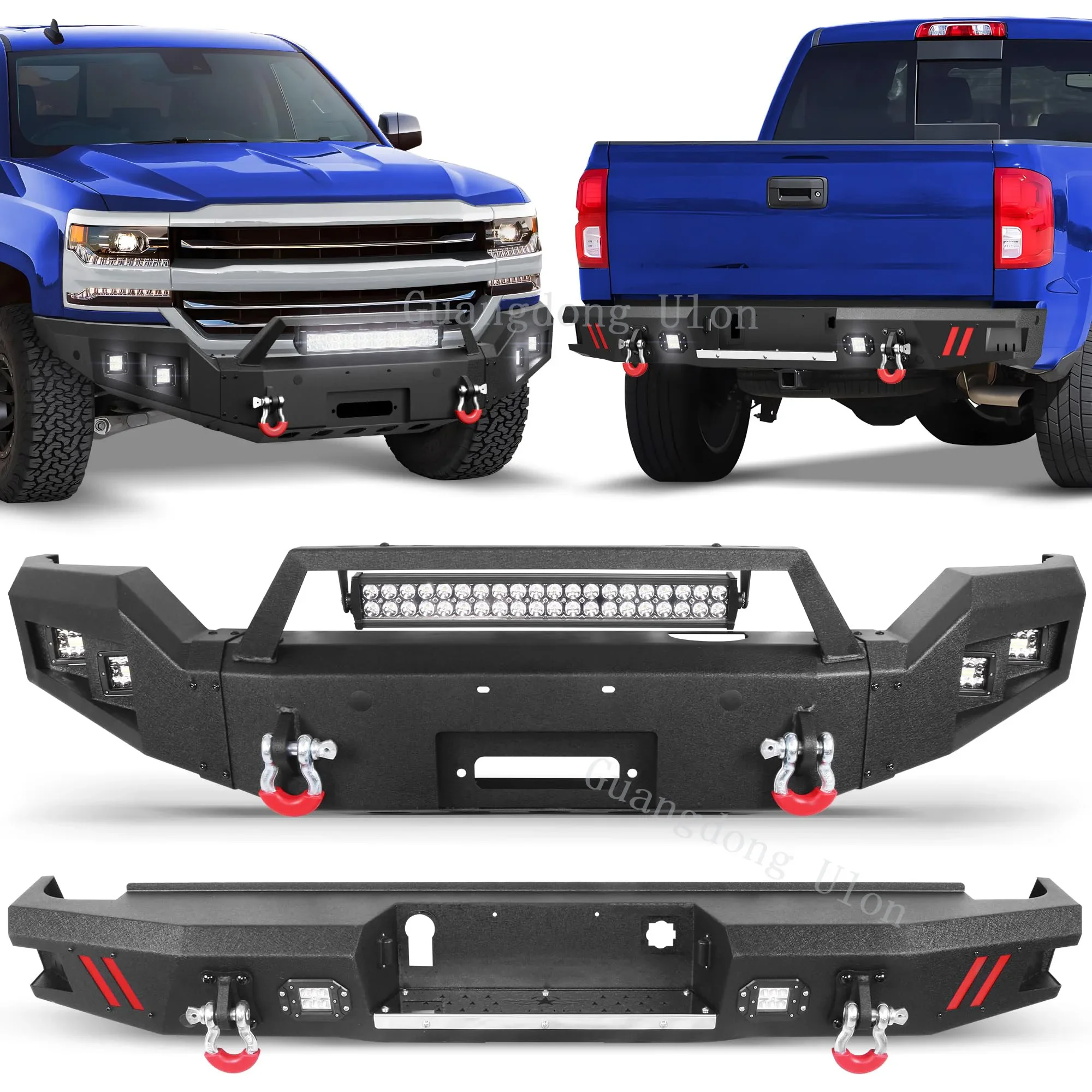 

Front Bumper + Rear Bumper Combo W/Winch Plate and LED Lights, Compatible with 2016-2018 Chevrolet Silverado 1500