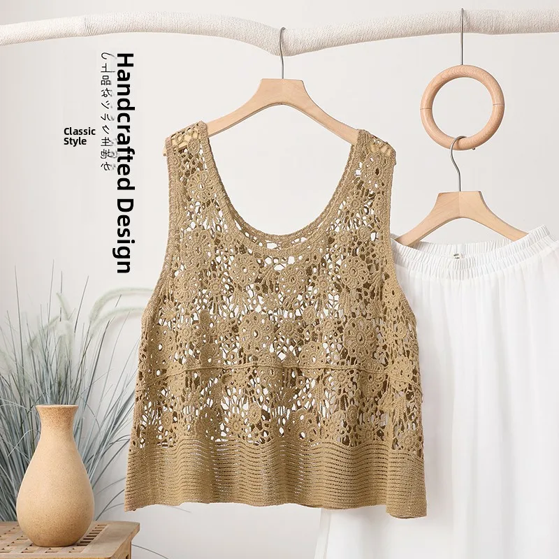 

Plus Size New Pure Color Hollow out Vest Top Women's Sweet round Ne Svel Csole Inner Wear plus Size Faion Summer Tank Top