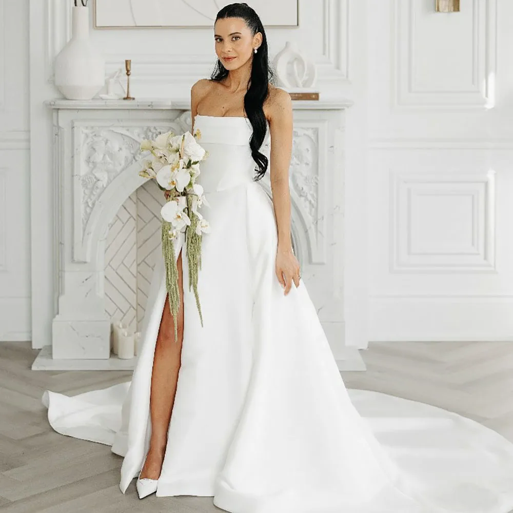 

Modern Bridal Wedding Dresses 2025 Strapless High Slit Satin Wedding Party Gown Woman Simple Formal Bride Dress Customized
