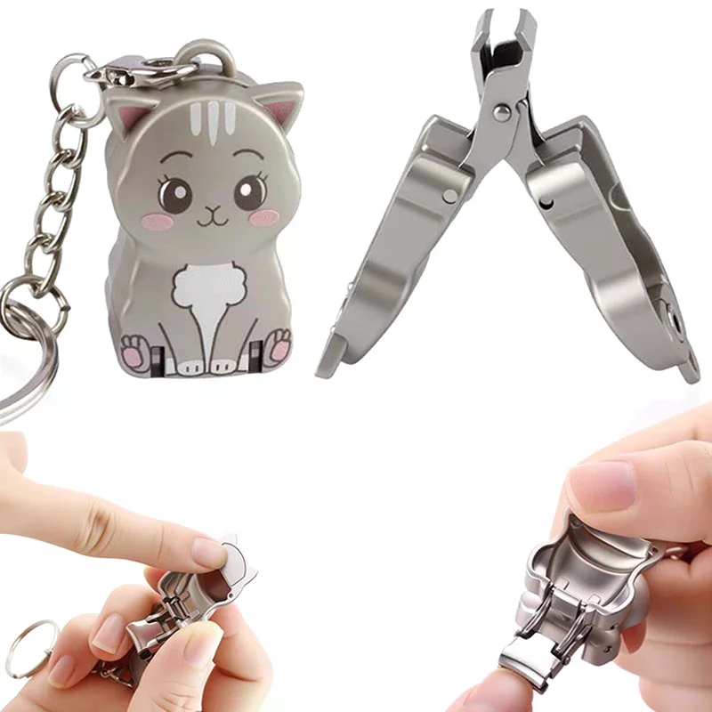 1 Uds. Exquisito llavero con forma de cachorro y gatito, cortaúñas plegable, cortaúñas giratorio de acero inoxidable para uñas de los pies y manicura
