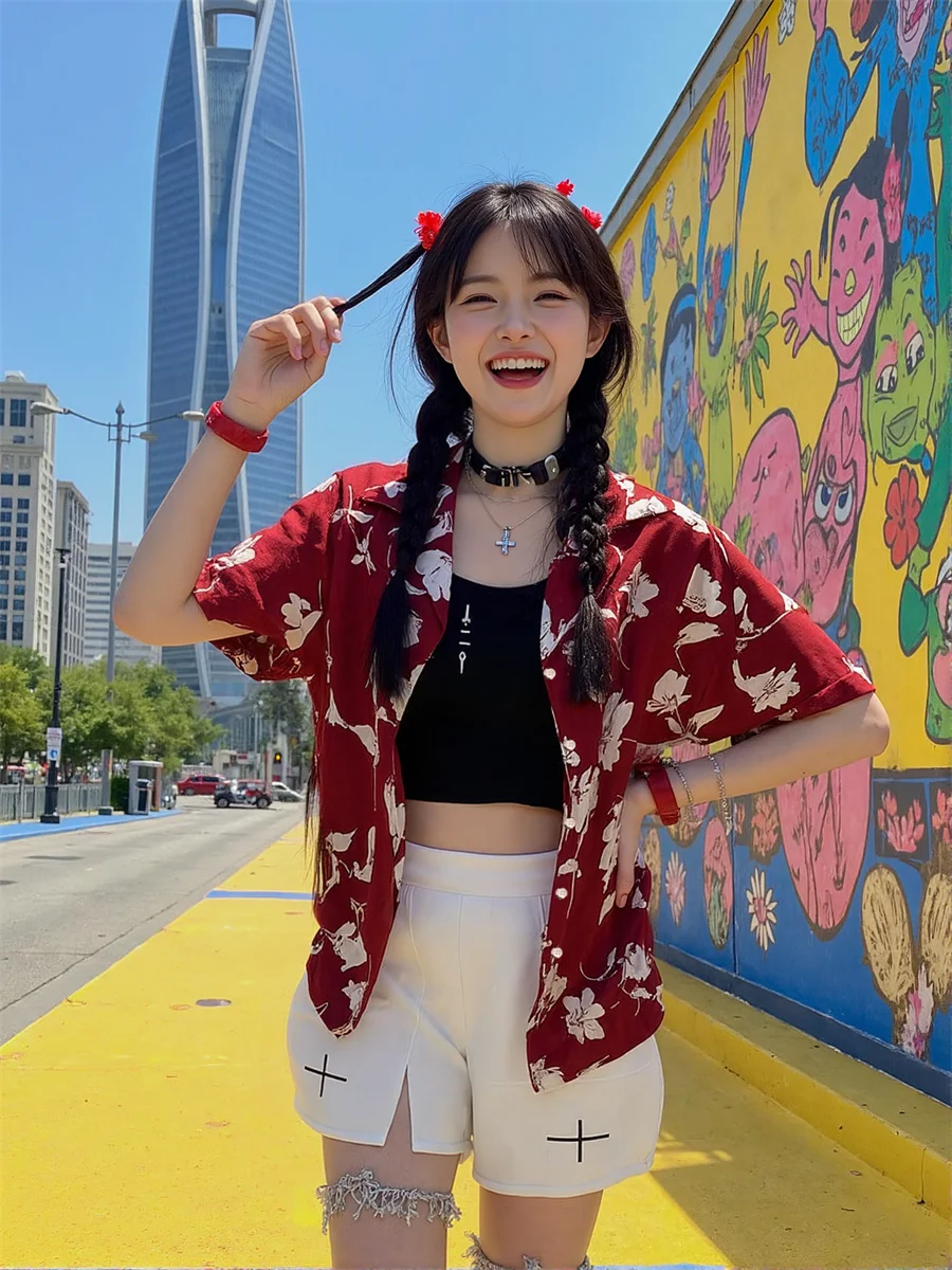 

Short Sleeve Red Youth Women'S Blouses Cotton Female Fashion Korean Long Tops Autumn Oversized Style Formal Tunic Party 2025