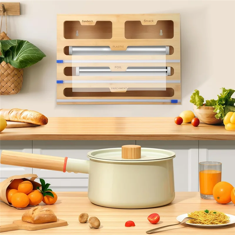 A02M-ラップオーガナイザー 5 in 1 アルミホイルディスペンサー カッターとラベル付き、キッチン収納ホルダー用