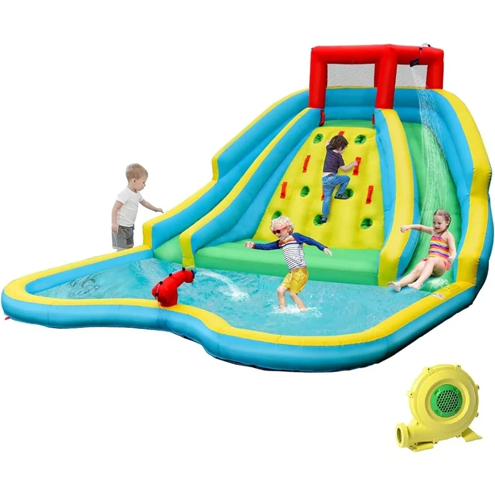 

15x12FT Mega Waterslide Park Backyard Outdoor with Dual Slides for Heavy Climbing Wall/735w Blower, Water Slides Inflatables