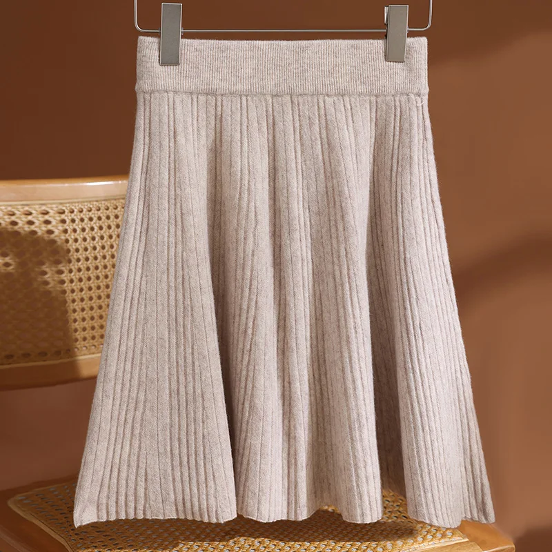 Women 100% Merino Wool Skirt Knitwear Clothes Spring Autumn New Collection Knee-length Pleated Skirt Cozy Female A-line Skirt