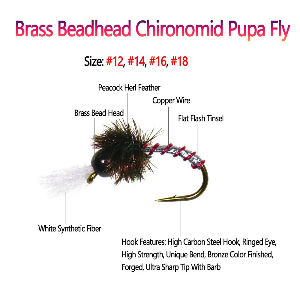 Bimoo 6pcs #12 #14 #16 Brass Bead Head Chironomid Pupa Fly Copper Wire Rib Midge Emerger Fly Trout Grayling Fishing Lures Baits