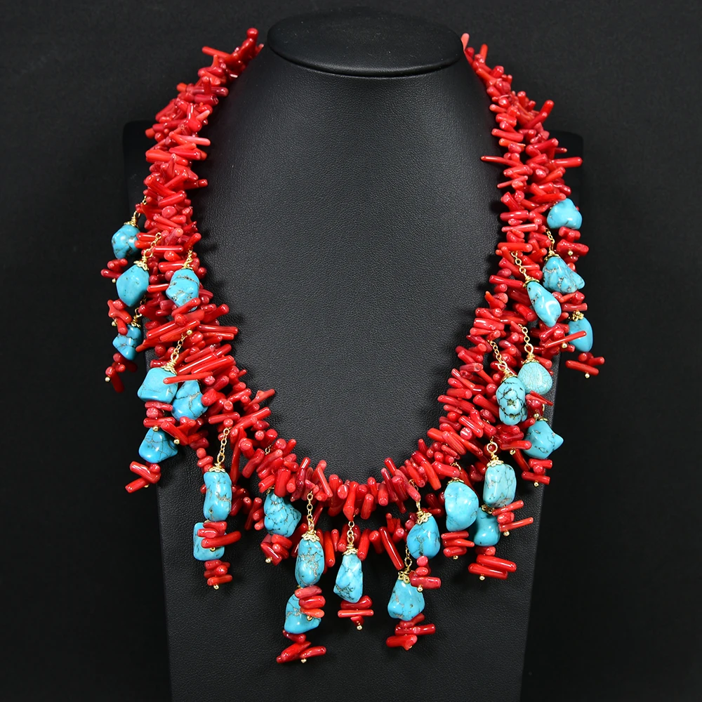 

GG 18'' 3 Rows Red Coral Funcy Chips Beads Blue Turquoise Pendant Necklace Handmade Gifts For Women