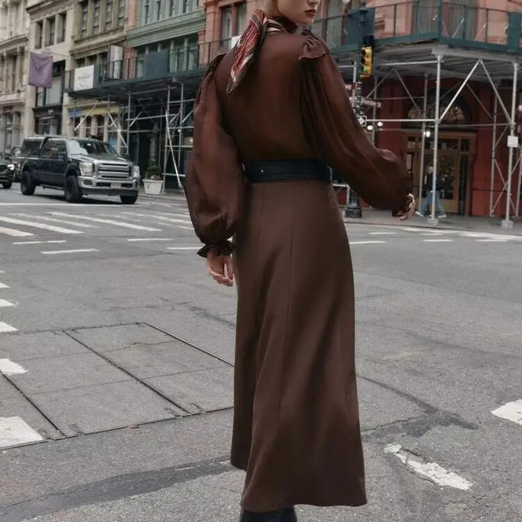 New Autumn Winter Women's Midi Dr with Belt ZR Sle Streetwear Long Sve V-Ne A-Line Skirt Ci Commute Suitable