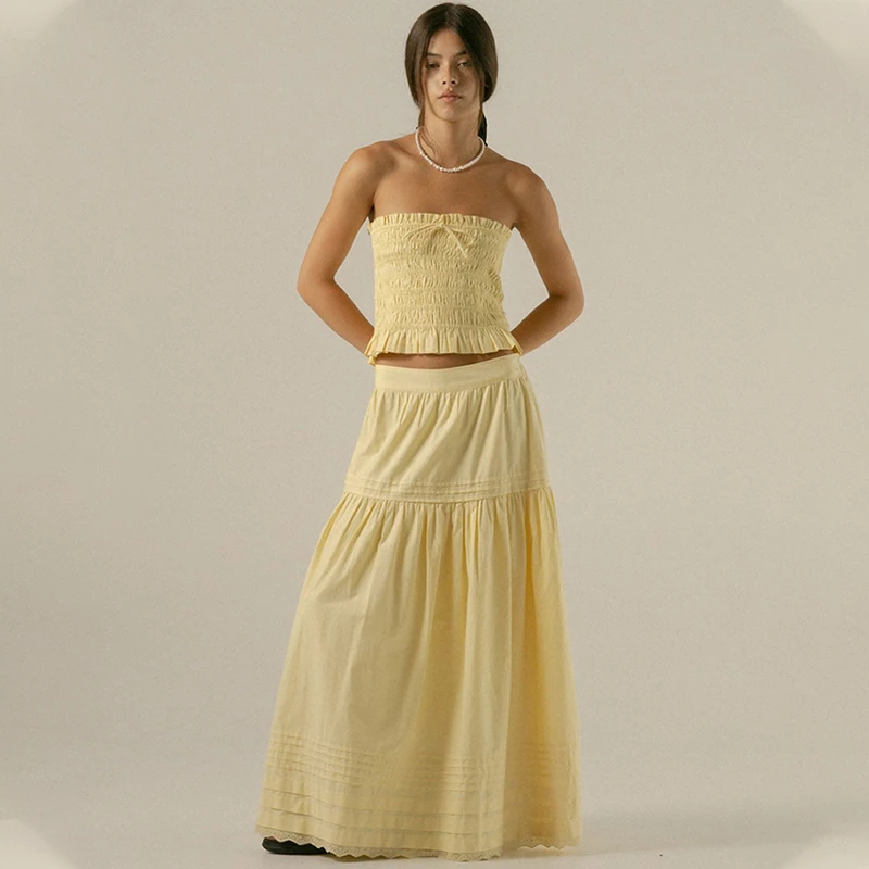 

TARUXY Strapless Top Skirt Set Female 2026 Summer New Solid Vacation Wrinkles Top A-Line Skirt Women's Suits Fashion Leisure Set