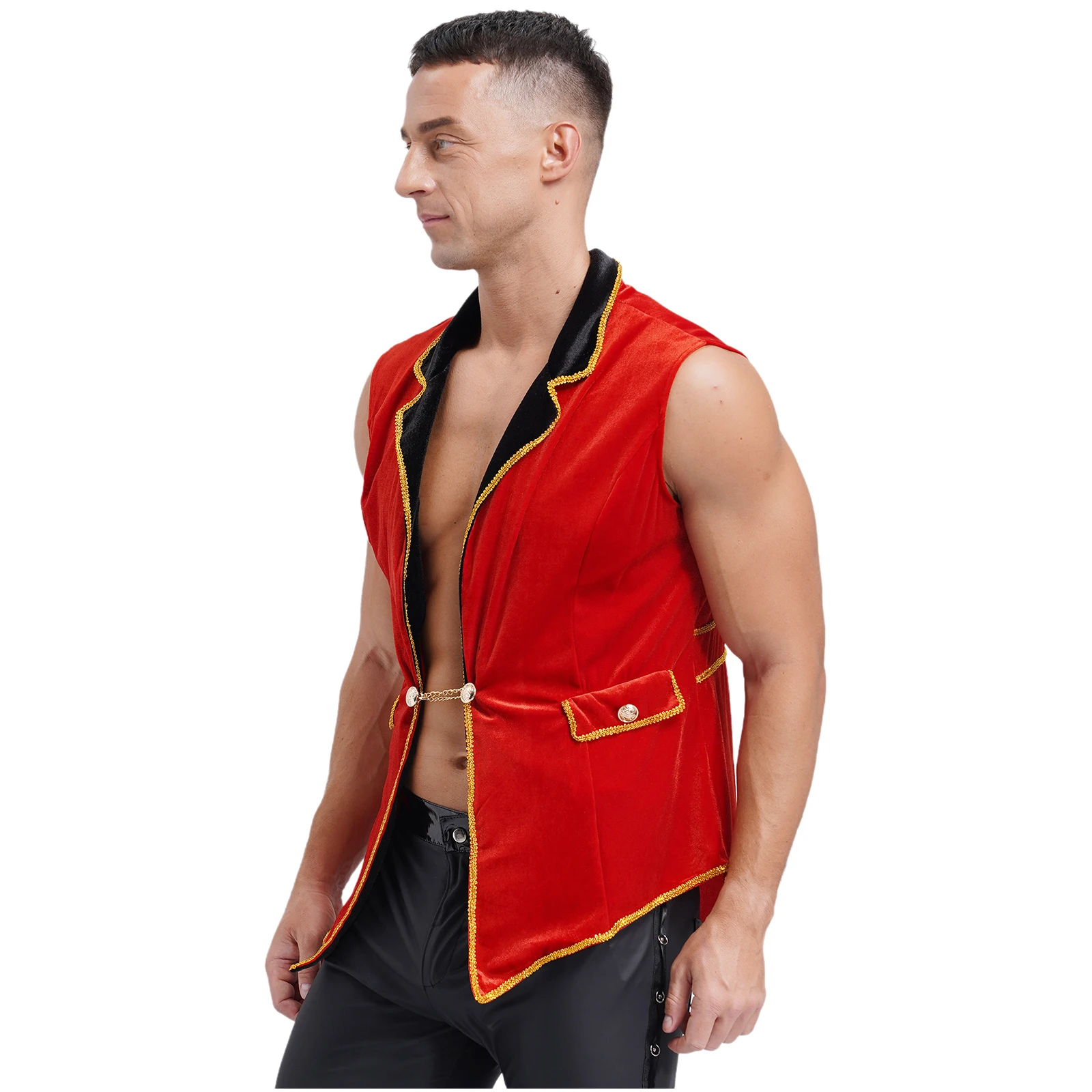 Mens Halloween Showman Cosplay Costume Circus Ringmaster Tailcoat Lapel Sleeveless Velvet Vintage Jacket Lion Tamer Waistcoat