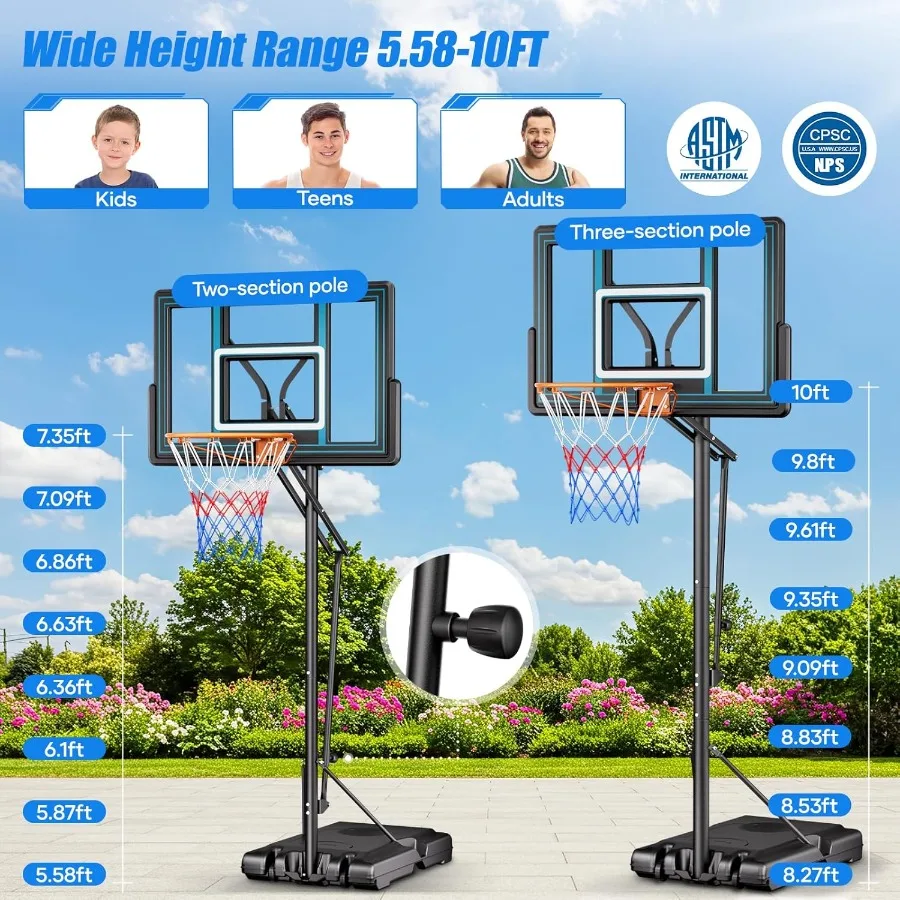 44 طوق كرة سلة محمول خارجي 5.5-10 قدم ستبليس ارتفاع قابل للتعديل نظام هدف كرة السلة للفناء الخلفي للممر لجميع Ag