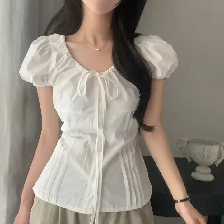 

Korean Style Fashionable Shirt with Belt Versatile Stylish Women's Slim Fit Bubble Sleeve Short Sleeve Summer Shirt