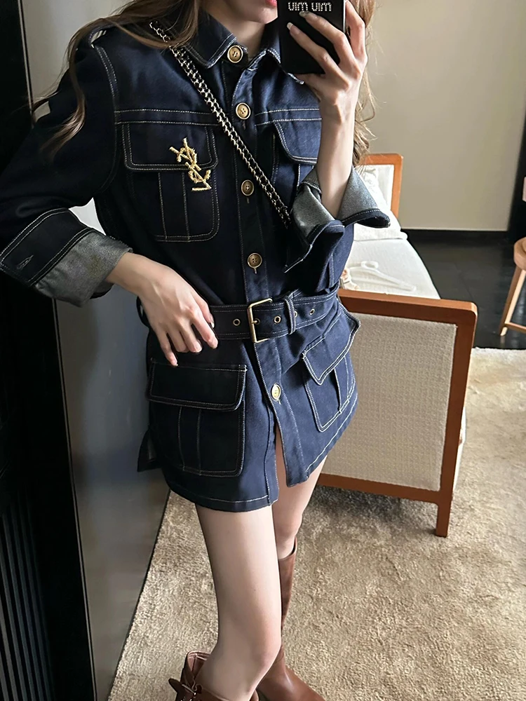 REDDACHiC Cargo Pockets Belted Mini Dress for Women Classic Button Down Long Sleeves Denim Shirt One-piece Work Casual Clothes