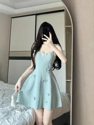 Solid Diamond Spliced Short Dresses For Women Slash Collar High Waist Elegant Dress Female Summer 2024 New